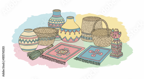 A vibrant collection of traditional handcrafted items, including intricately patterned vases, woven baskets, and colorful decorative rugs, celebrating diverse cultural artistry