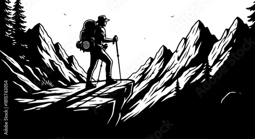 Mountain Hiker Silhouette | Adventure Hiking SVG | Wilderness Explorer Vector Design