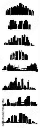 Grunge banners set with a black vector silhouette of a city skyline illustration featuring urban skyscraper architecture