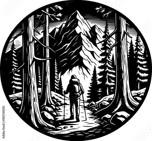 Mountain Hiker Silhouette | Adventure Hiking SVG | Wilderness Explorer Vector Design