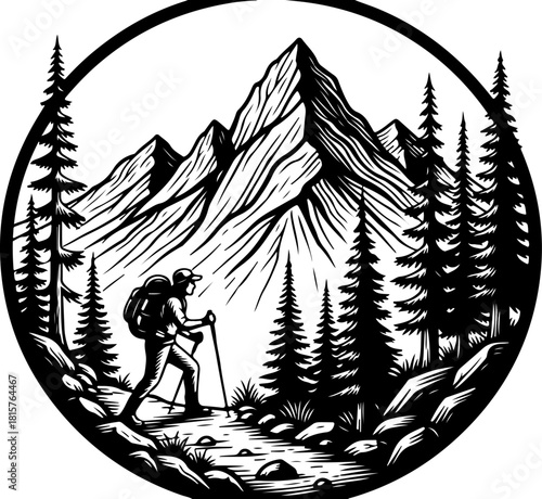 Mountain Hiker Silhouette | Adventure Hiking SVG | Wilderness Explorer Vector Design
