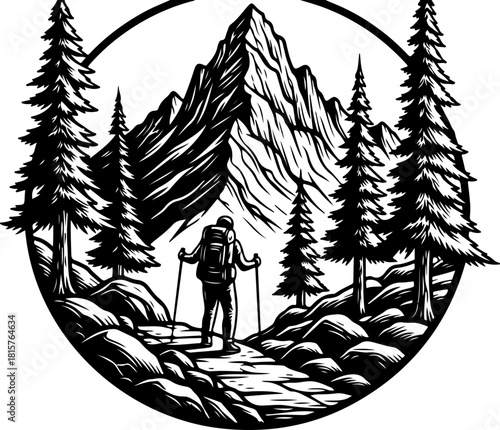 Mountain Hiker Silhouette | Adventure Hiking SVG | Wilderness Explorer Vector Design