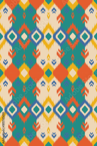 Ceremonial Ikat Pattern Featuring Heritage Dye Methods and Colorful Layered Symmetry