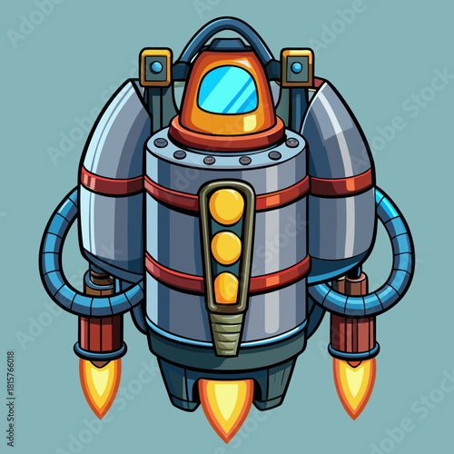Cartoon jetpack with fiery exhausts and futuristic design