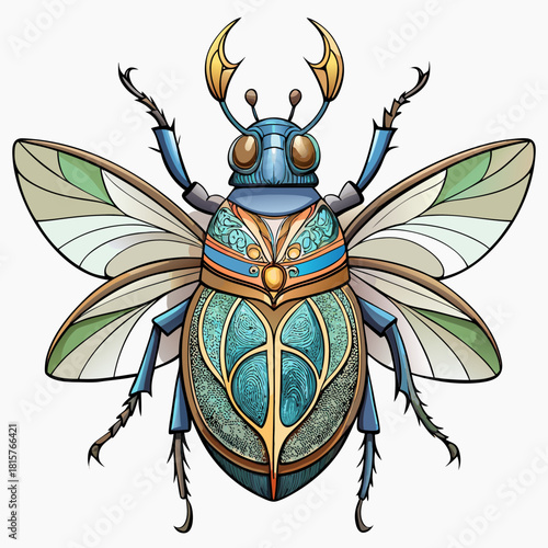 Intricately designed blue and gold scarab beetle with ornate wings