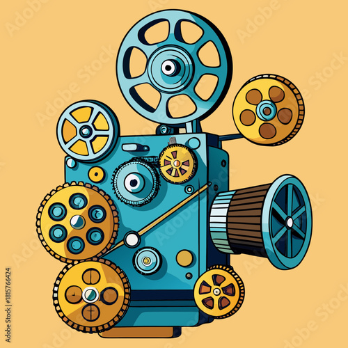 Retro movie projector with intricate gears and film reels