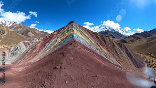 Drone Flying Over the Vinicunca Rainbow Mountain in Peru, Sunny Day
