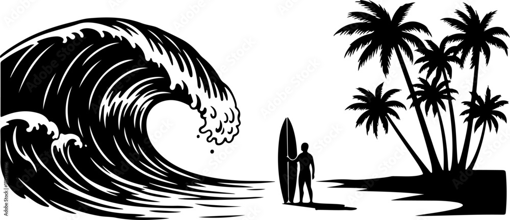 Fototapeta premium Surfer Wave and Island Silhouette Illustration