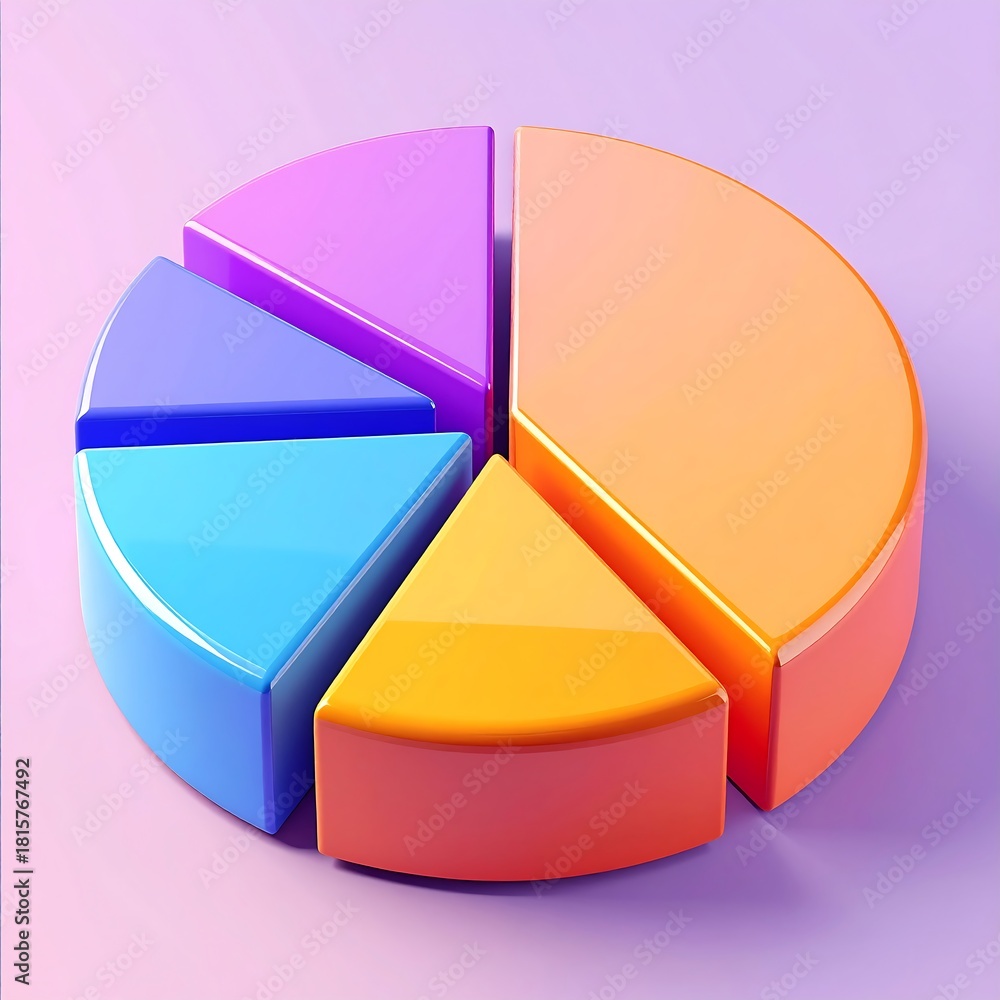 Obraz premium A 3D rendered pie chart, showcasing data visualization. Different colored sections are separated, floating on a solid light purple background