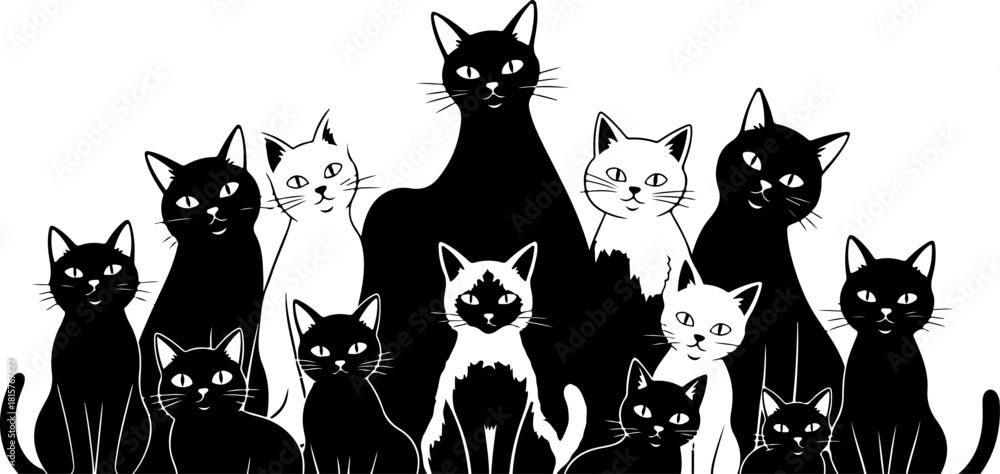 Fototapeta premium Black Cat Family Silhouette SVG, Cute Cat Group Clipart, Pet Lover Vector Design