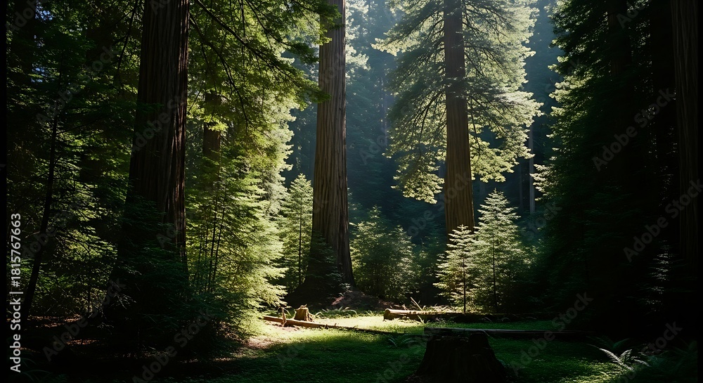 Obraz premium Sunlight filtering through giant redwood trees in a serene forest.
