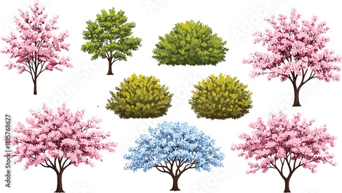 Large Collection of Spring Trees and Shrubs Vector Assets: Pink Sakura, Green Deciduous Tree, Blue Blossom Tree, and Various Ornamental Bushes.