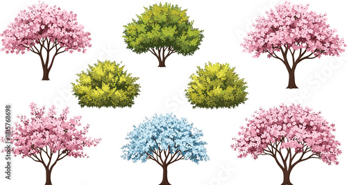 Large Vector Set of Diverse Flowering and Deciduous Trees with Green and Yellow Shrubs, Including Pink Sakura and Unique Blue Blossoms for Spring Design.