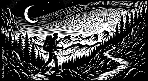 Mountain Hiker Silhouette Scenic Landscape SVG | Adventure Outdoor Hiking Cut File