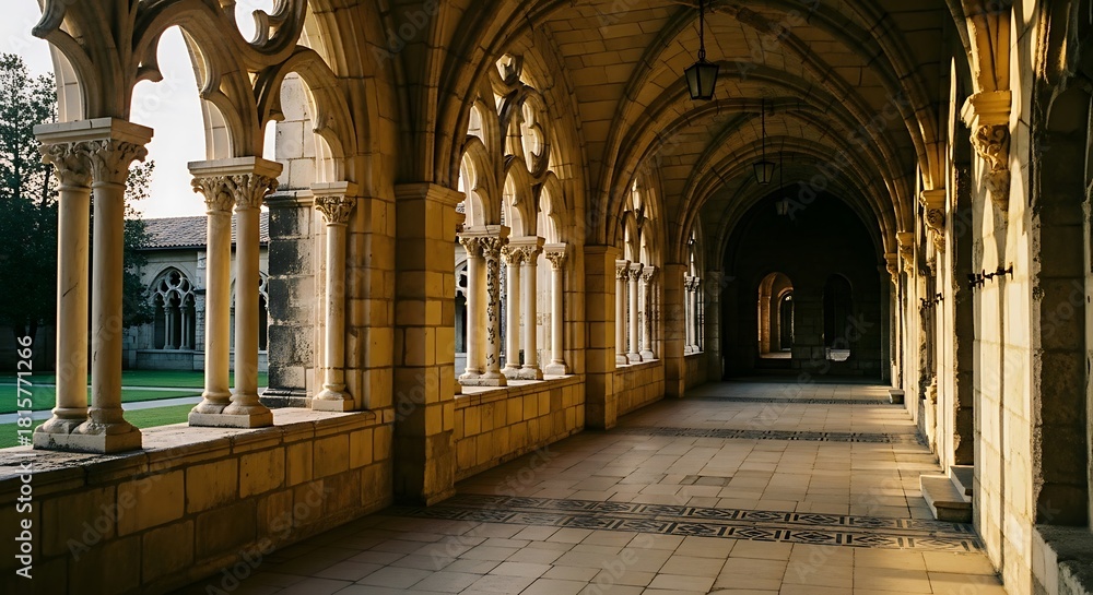 Fototapeta premium Sunlit Gothic Cloister Walkway with Arched Windows and Stone Columns.