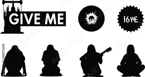 Black silhouette design, GIVE ME text, graphic burst icons, seated figures, guitar player, symbolic shapes, minimal style, identity concept, contrast art