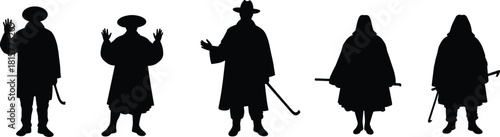 Black silhouette figures, long coats, wide-brim hats, cane poses, mysterious style, character design, minimal fashion, dark theme, posture study, icons