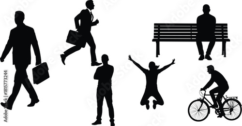 Black silhouette figures, walking, running, sitting, jumping, cycling, briefcase action, peace gesture, posture study, minimal design, lifestyle movement icons