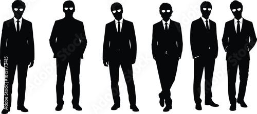 Black silhouette business figures, suits and ties, standing poses, mysterious style, minimal design, corporate icons, team identity, formal attire, contrast art