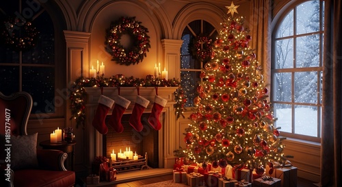 Wallpaper Mural Cozy Christmas Eve scene with tree stockings and fireplace decor Torontodigital.ca