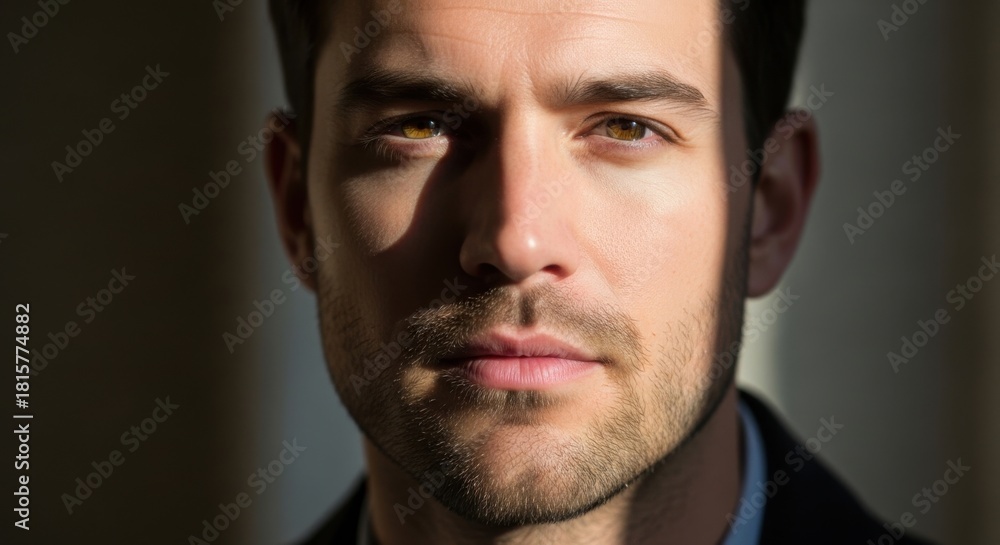 Fototapeta premium Close-up portrait of confident young man with intense gaze and