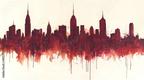 NYC skyline, dark red, watercolor effect