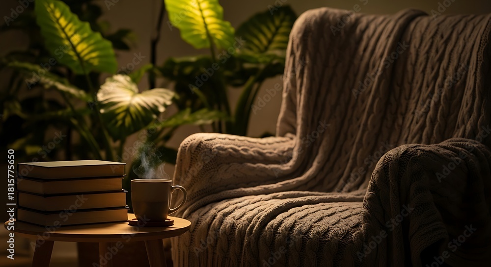 Fototapeta premium Cozy armchair with steaming cup and books in dim light