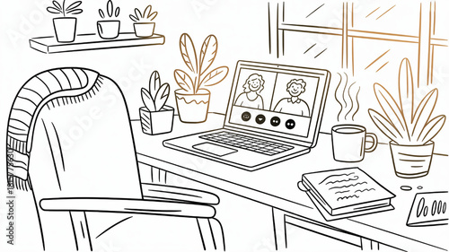 Hand drawn home office setup with laptop showing a video call featuring plants and a cozy atmosphere for remote work illustration