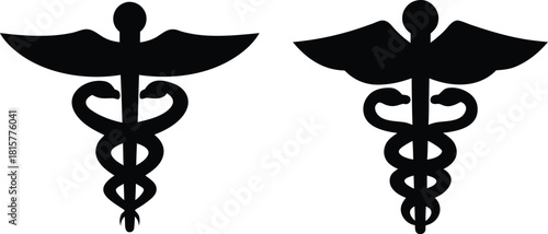 Medical caduceus symbol, black and white, minimalist, vector graphic, isolated, silhouette, detailed
