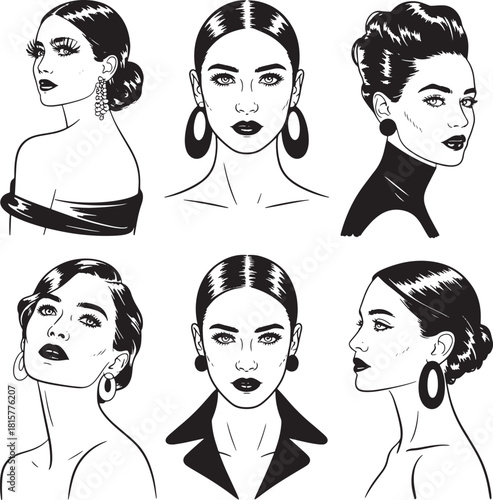 Stylish girl portraits set for fashion and beauty projects with transparent backdrop