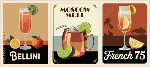 Vintage vector cocktail poster triptych featuring Bellini, Moscow Mule, and French 75 with retro Art Deco style, decorative borders, and mid-century modern muted color palette