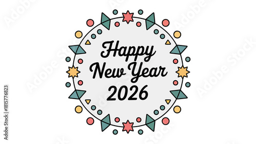 New Year 2026 Celebration: A beautifully designed circular emblem with intricate decorations announces Happy New Year 2026, creating a sense of joy and anticipation.