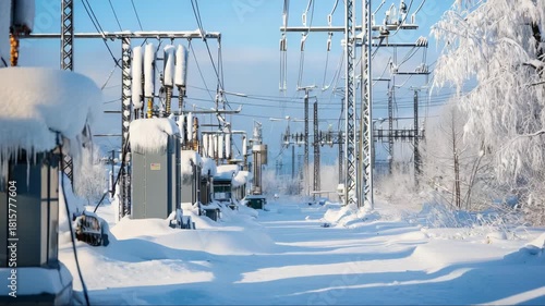 Snow-covered power station during winter, showcasing electrical infrastructure under clear blue sky