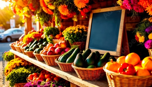 Colorful farmer's market display with fresh fruits and vegetables, empty chalkboard for messages