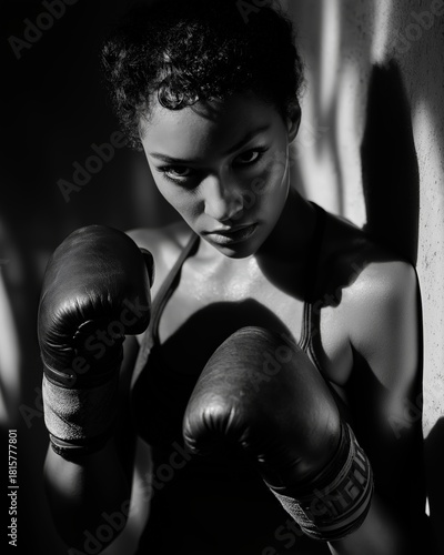 A striking black-and-white portrait of a determined female boxer, showcasing strength and focus with boxing gloves raised.