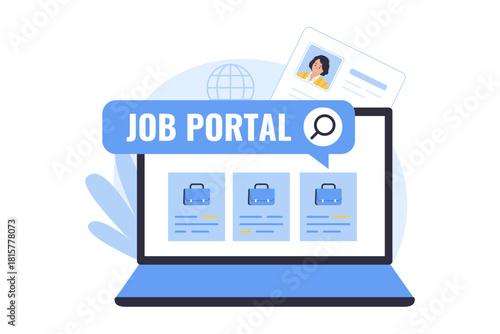 Illustration of Online Job Portal. A laptop displays a Job Portal interface with job vacancy listings. This visual represents digital job searching, online recruitment platforms