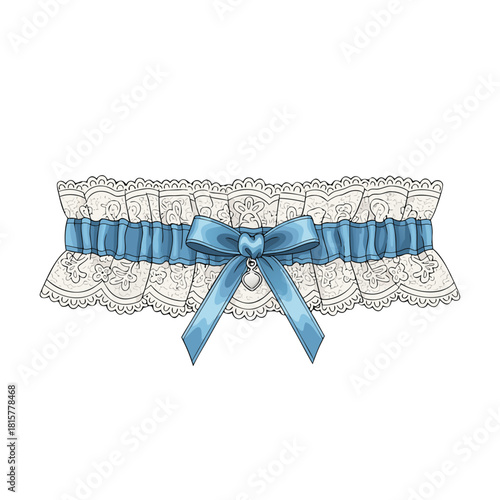Decorative lace wedding garter with blue ribbon and embellishments  