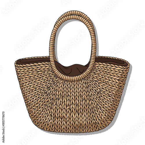 Woven straw bag with brown lining and dual handles in neutral tones  