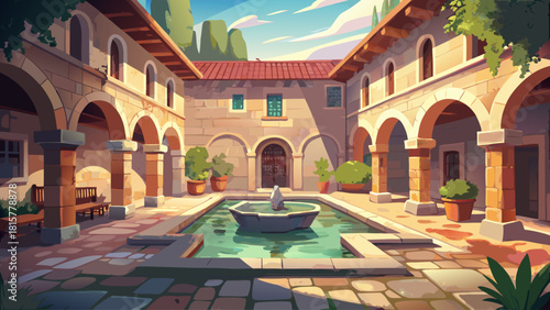 Old stone courtyard with softly washed colors, gentle sunlight illuminating textured walls, evoking a peaceful and nostalgic historical ambiance