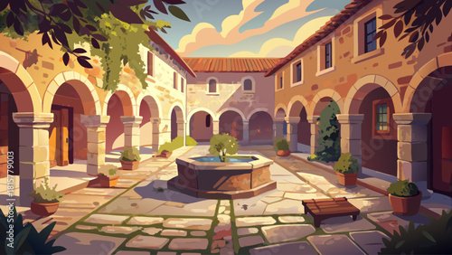 Old stone courtyard with softly washed colors, gentle sunlight illuminating textured walls, evoking a peaceful and nostalgic historical ambiance