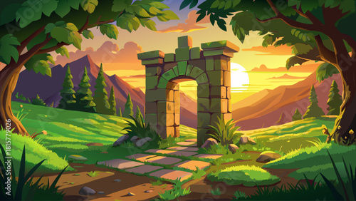 Photorealistic ancient stone gateway standing in a serene valley, softened by golden hour light and partially reclaimed by green foliage