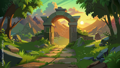 Photorealistic ancient stone gateway standing in a serene valley, softened by golden hour light and partially reclaimed by green foliage
