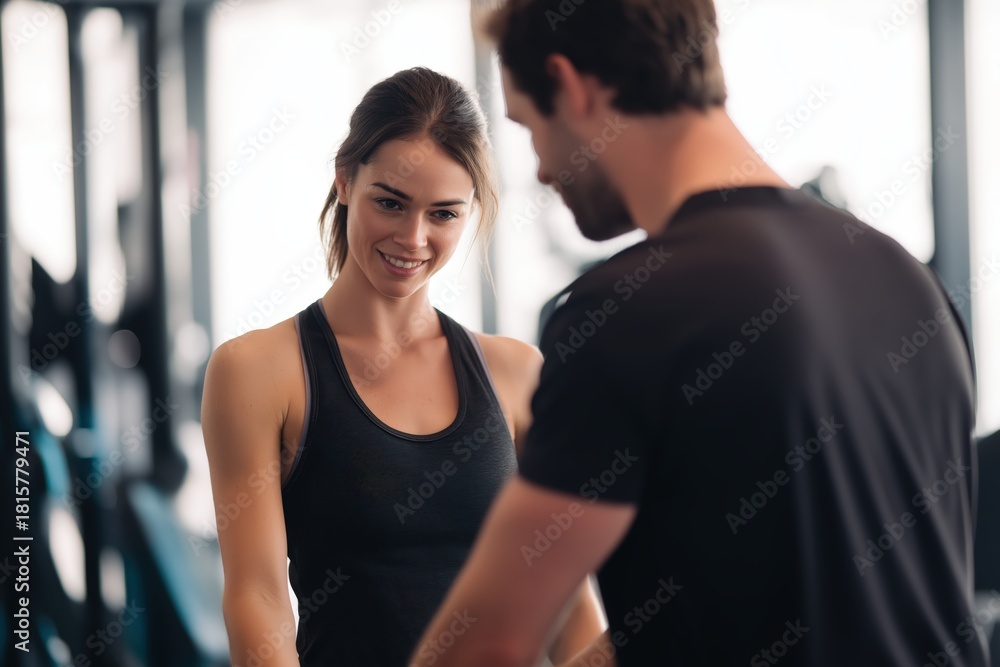 Fototapeta premium A woman and a man engage in conversation at a gym, displaying a friendly and motivational atmosphere focused on fitness training.