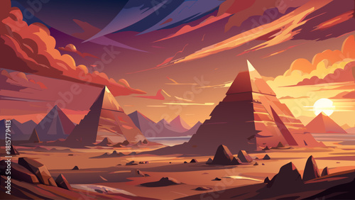 Ancient sandstone pyramids glowing under dramatic sunset sky in vast desert, cinematic mystical atmosphere