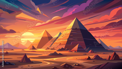 Ancient sandstone pyramids glowing under dramatic sunset sky in vast desert, cinematic mystical atmosphere