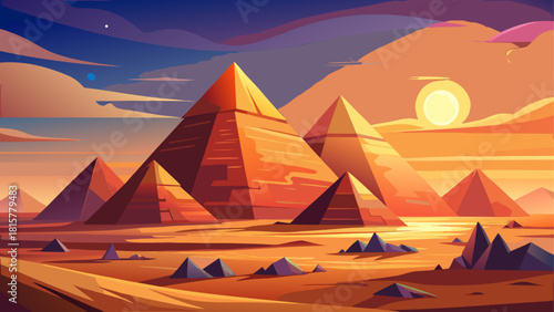 Majestic ancient pyramids glowing under a golden-red sunset, surrounded by vast desert sands in a cinematic fictional scene