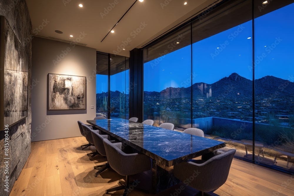 Obraz premium Modern Dining Room With City And Mountain Views At Night