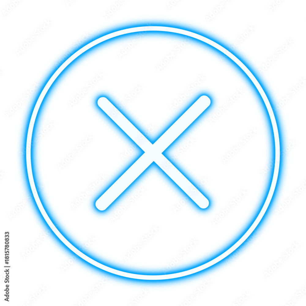 Fototapeta premium Cross mark button. Neon glowing blue cross mark icon on a transparent background.