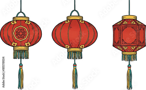 Set of Three Traditional Chinese Red Lanterns with Tassels, Hand Drawn Sketch Style Vector Illustration