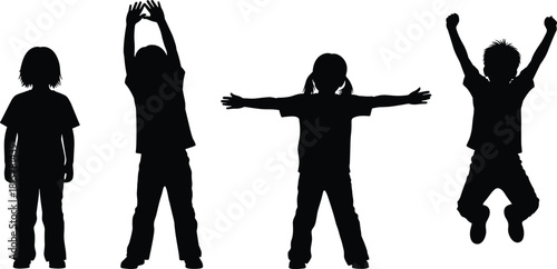Black silhouettes of happy children playing, jumping, and standing, energetic kids vector set posing in different actions, isolated on white background.